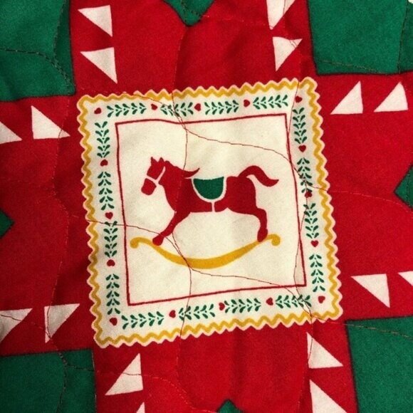 Vintage Christmas Tree Skirt Quilted Red Squares Circle Santa Claus Country XMAS - Picture 6 of 8